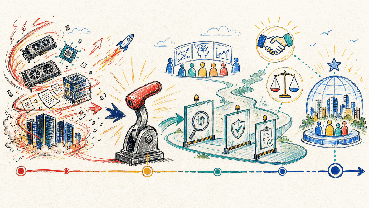 A colorful doodle diagram shows a race for capability being redirected through brakes, inspections, and human oversight.